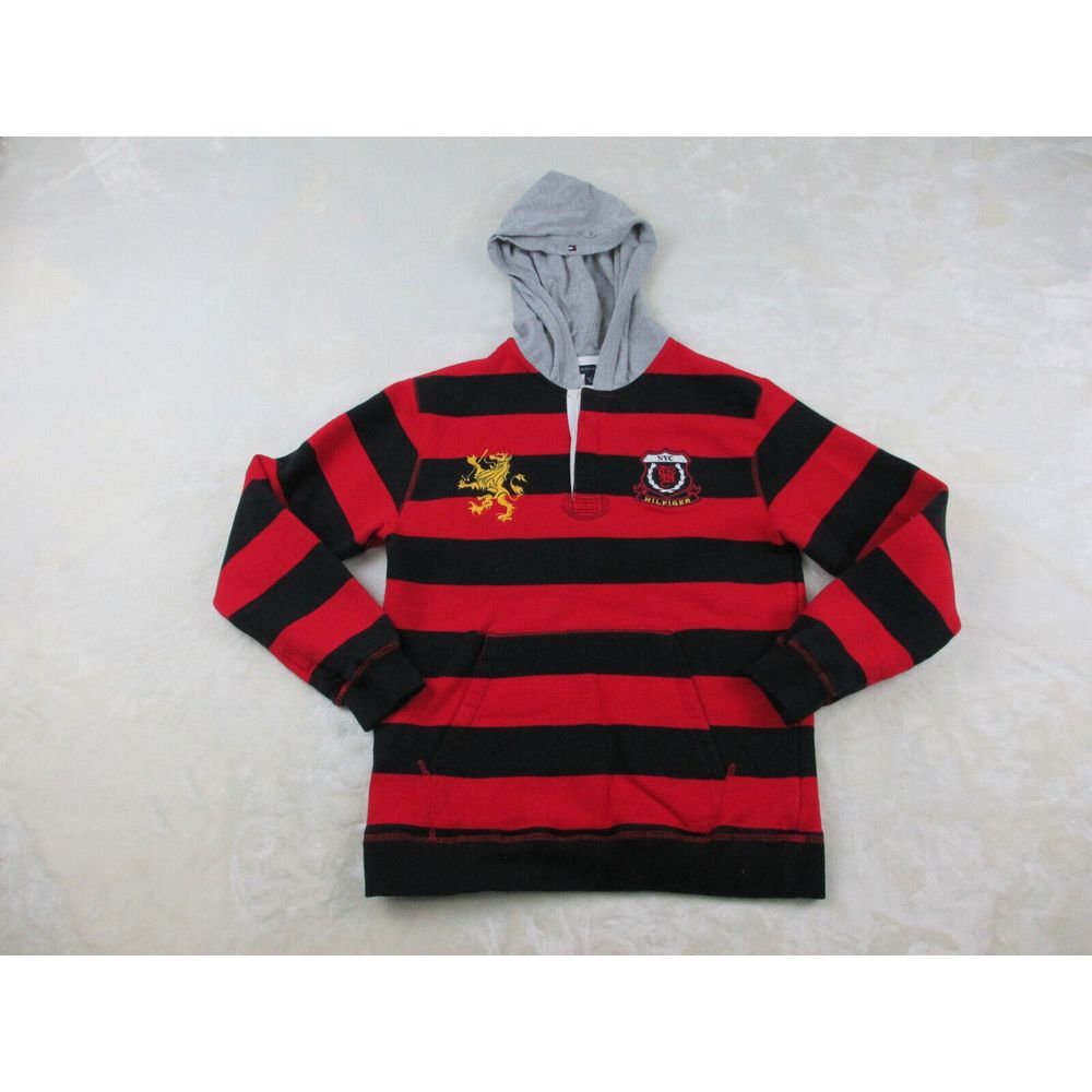 Tommy Hilfiger Sweater Boys Large Red Striped Crest NYC Flag Hooded‎ Kids Youth